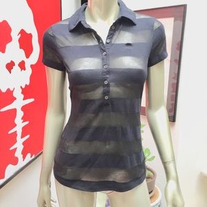 Jessica Simpson black see thru stripe polo top M